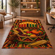Kwanzaa Harvest Basket Rug in a home office with wooden shelves