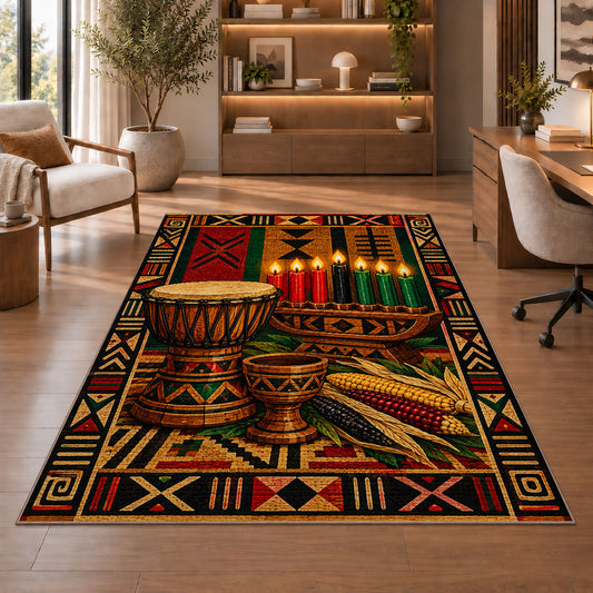 Djembe Drum Kwanzaa Rug in a home office with wooden shelves