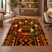 Seven Candles Kwanzaa Rug in a home office with wooden shelves
