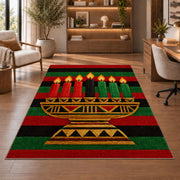 Kwanzaa Stripe Rug in a home office with wooden shelves