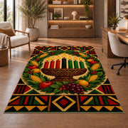 Kwanzaa Wreath Rug in a home office with wooden shelves