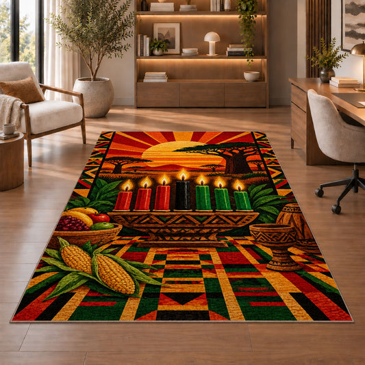 African Sunset Kwanzaa Rug in a home office with wooden shelves