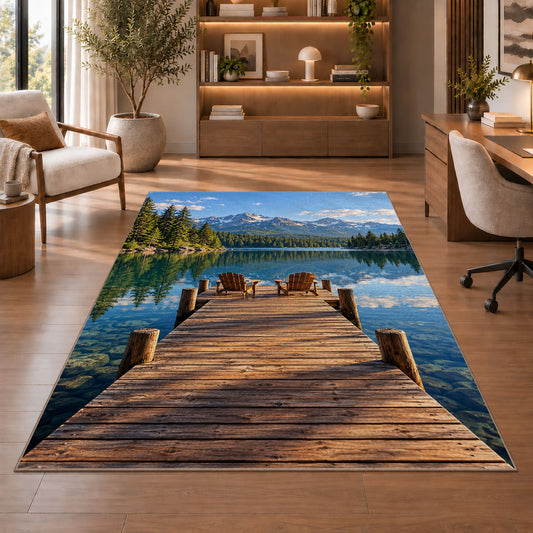 Lake dock with Adirondack chairs rug in a home office with wooden shelves