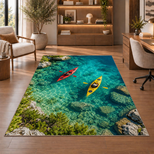 Kayaks on turquoise lake rug in a home office with wooden shelves