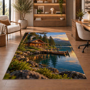 Lakeside log cabin at sunset rug in a home office with wooden shelves