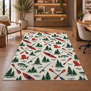 Lake life pattern rug in a home office with wooden shelves