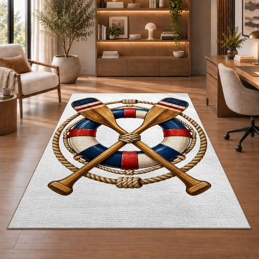 Crossed oars and life ring rug in a home office with wooden shelves