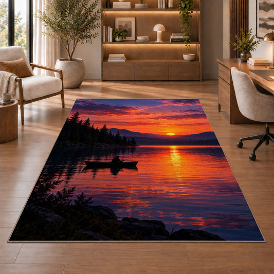 Lake sunset fishing rug in a home office with wooden shelves