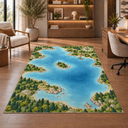 Illustrated lake map rug in a home office with wooden shelves