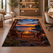 Lakeside campfire with chairs rug in a home office with wooden shelves
