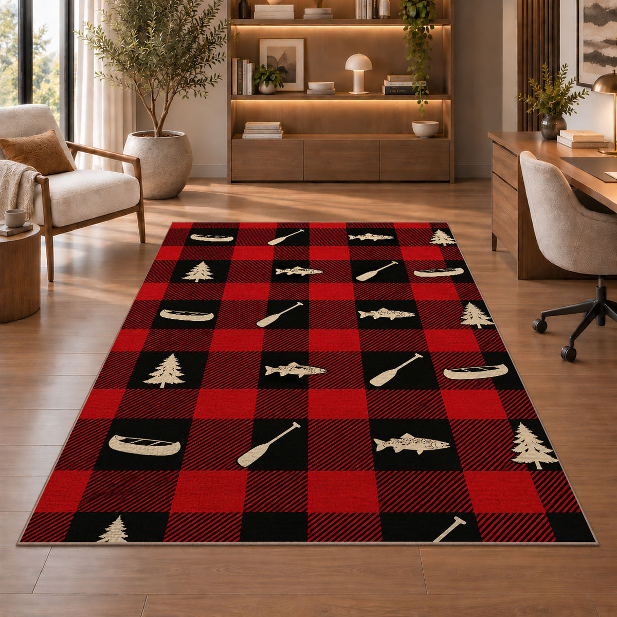Buffalo plaid lake icons rug in a home office with wooden shelves