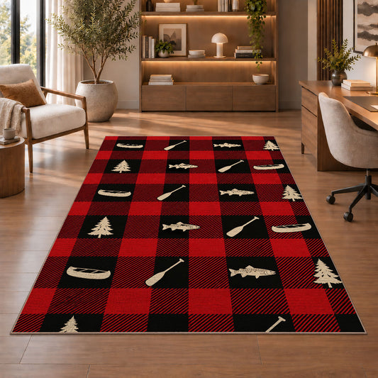 Buffalo plaid lake icons rug in a home office with wooden shelves