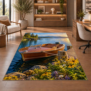 Classic wooden boat at dock rug in a home office with wooden shelves