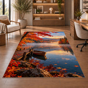 Autumn lake with rowboat rug in a home office with wooden shelves
