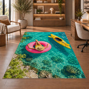 Pink float and yellow kayak rug in a home office with wooden shelves