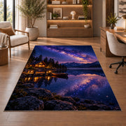Milky Way over lake cabin rug in a home office with wooden shelves