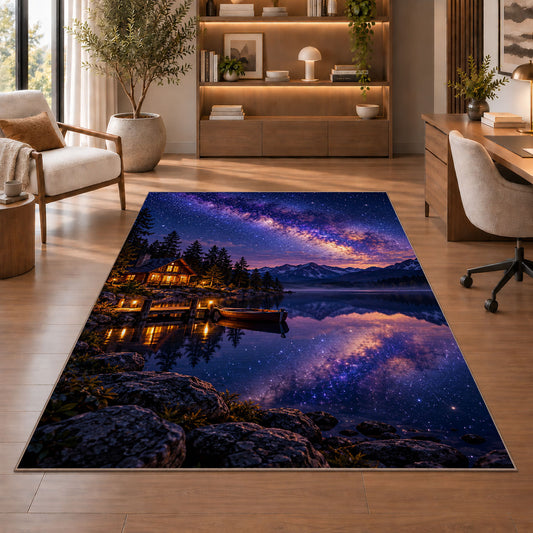 Milky Way over lake cabin rug in a home office with wooden shelves