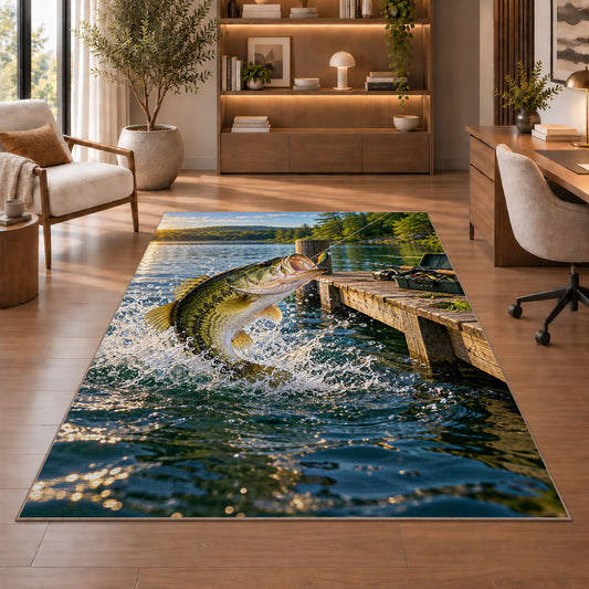 Bass jumping by dock rug in a home office with wooden shelves