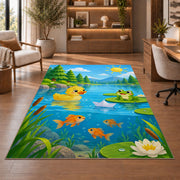 Cartoon pond with duck and frog rug in a home office with wooden shelves