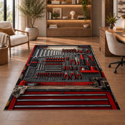 Mechanic tool pegboard rug in a home office with wooden shelves