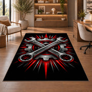 Crossed wrenches and gear rug in a home office with wooden shelves