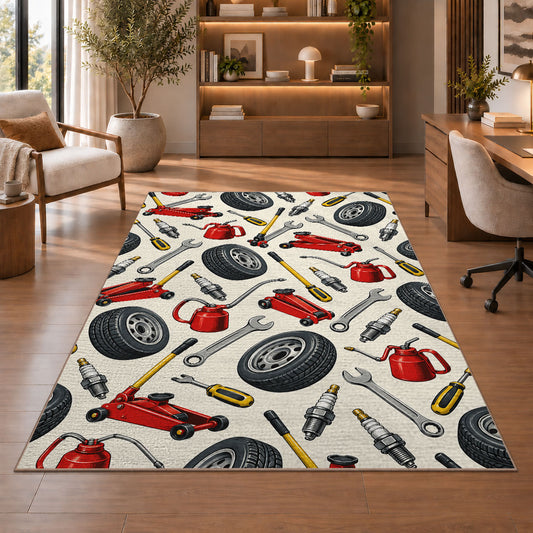 Auto repair tools pattern rug in a home office with wooden shelves
