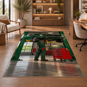 Classic car on a garage lift rug in a home office with wooden shelves