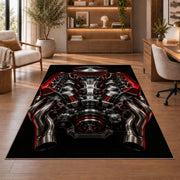 V8 engine from above rug in a home office with wooden shelves