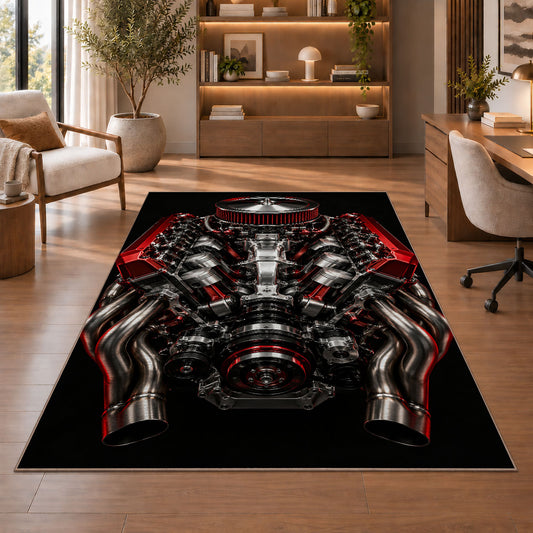 V8 engine from above rug in a home office with wooden shelves