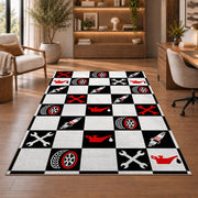 Checkered racing garage rug in a home office with wooden shelves