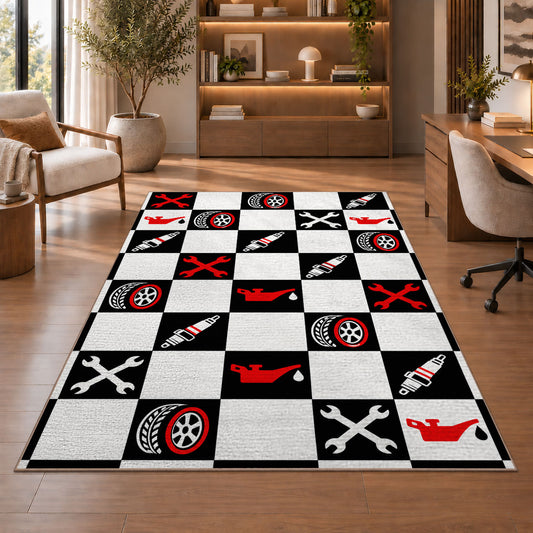 Checkered racing garage rug in a home office with wooden shelves