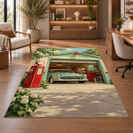 Retro garage with gas pump rug in a home office with wooden shelves