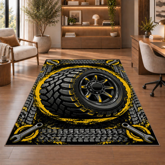 Tire with tire tracks rug in a home office with wooden shelves