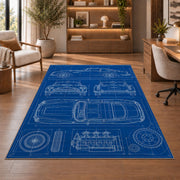 Classic car blueprint rug in a home office with wooden shelves