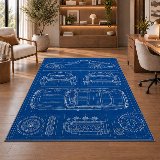 Classic car blueprint rug in a home office with wooden shelves