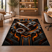 Spark plug and piston emblem rug in a home office with wooden shelves