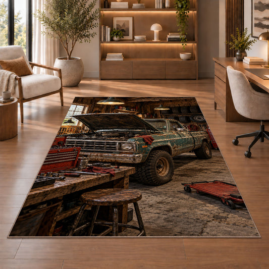Old pickup truck in a rustic garage rug in a home office with wooden shelves