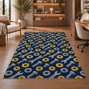 Nuts and bolts pattern rug in a home office with wooden shelves