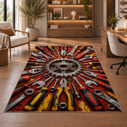 Tools radiating around a gear rug in a home office with wooden shelves