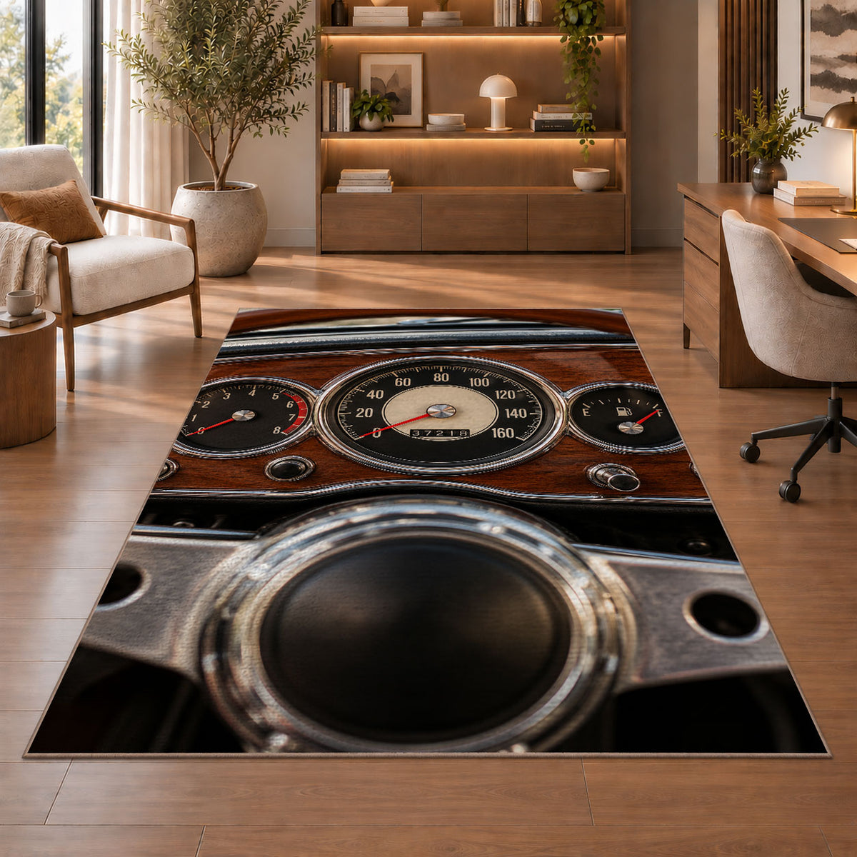 Vintage dashboard gauges rug in a home office with wooden shelves