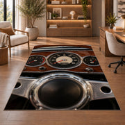 Vintage dashboard gauges rug in a home office with wooden shelves