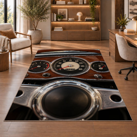 Vintage dashboard gauges rug in a home office with wooden shelves