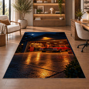 Garage at night with a muscle car rug in a home office with wooden shelves