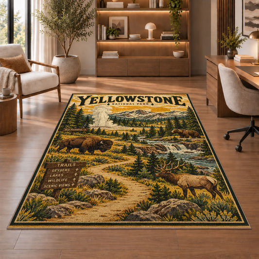 Yellowstone travel poster with bison and elk rug in a sitting room with an armchair
