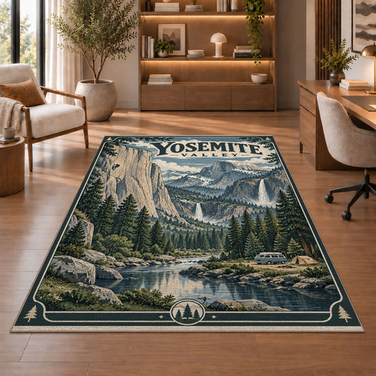 Yosemite Valley travel poster rug in a sitting room with an armchair