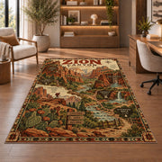 Zion Canyon trail map poster rug in a sitting room with an armchair