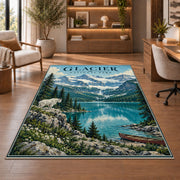 Glacier National Park turquoise lake rug in a sitting room with an armchair