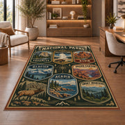 Vintage national parks badge collection rug in a sitting room with an armchair