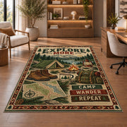 Explore More camping gear rug in a sitting room with an armchair