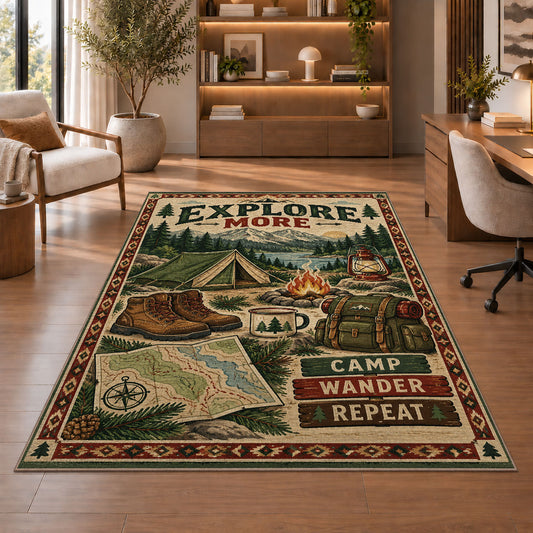 Explore More camping gear rug in a sitting room with an armchair